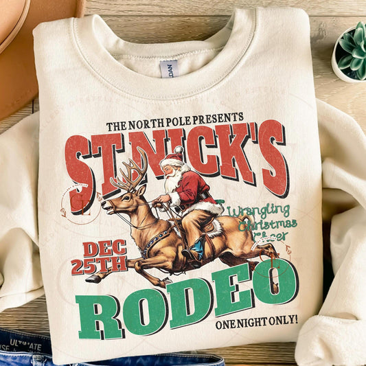 St.Nick's Rodeo Country PNG, Retro Western Santa Riding Reindeer Graphic, Trendy Cowboy Christmas Shirt Design