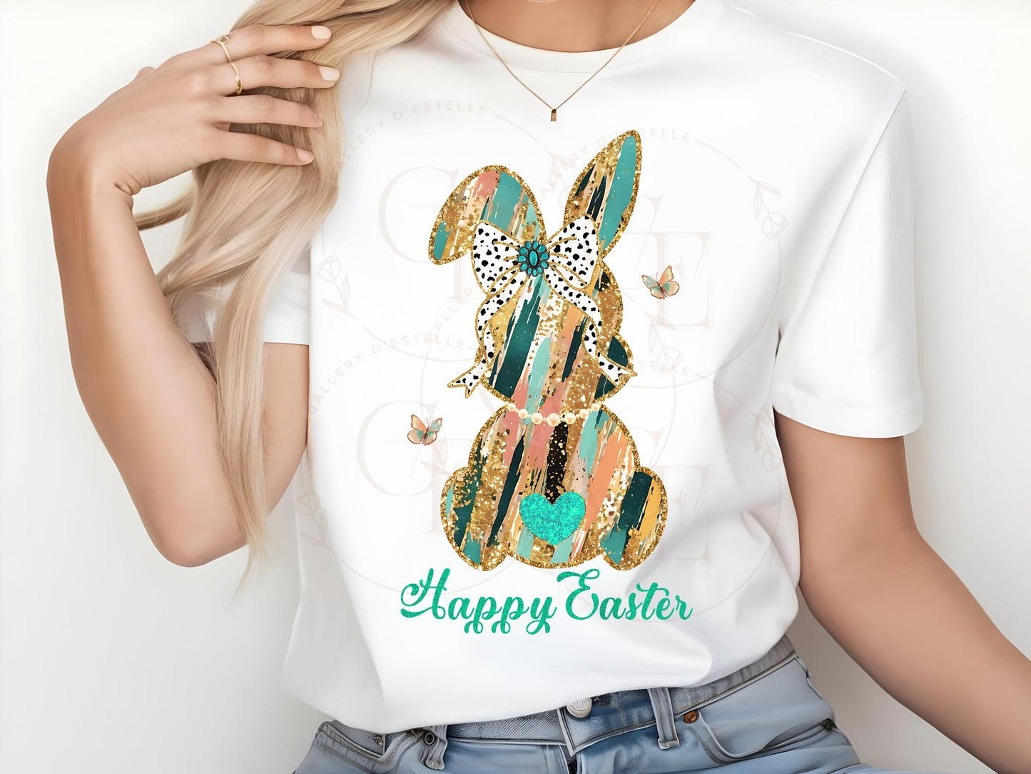 Coquette Glitter Bunny PNG, Dalmatian Gold Brushstroke Bow Graphic, Trendy Happy Easter Country Shirt Design