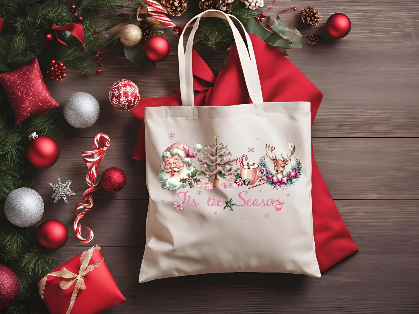 Tis the Season Christmas PNG, Retro Pink Holiday Graphic, Cute Santa and Reindeer Design, Coquette Festive Shirt Sublimation