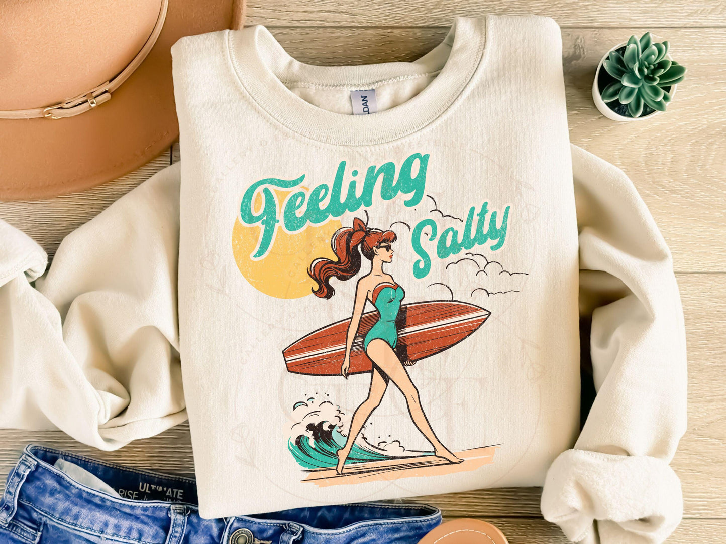 Feeling Salty PNG, Retro Vintage Surf Girl Graphic, Trendy Coastal Beach Shirt Design