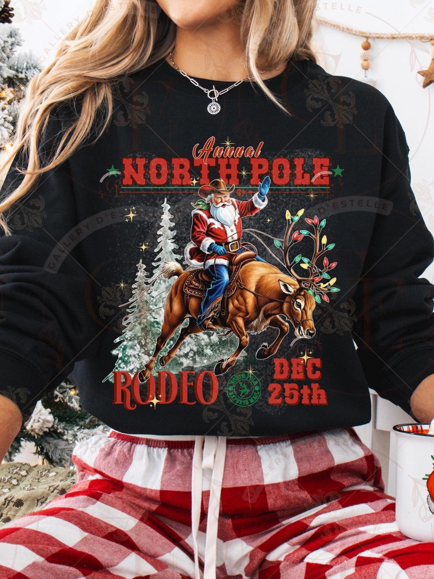 North Pole Rodeo Western PNG, Retro Santa Riding Reindeer Graphic, Vintage Cowboy Christmas Design, Trendy Holiday Country Shirt Sublimation