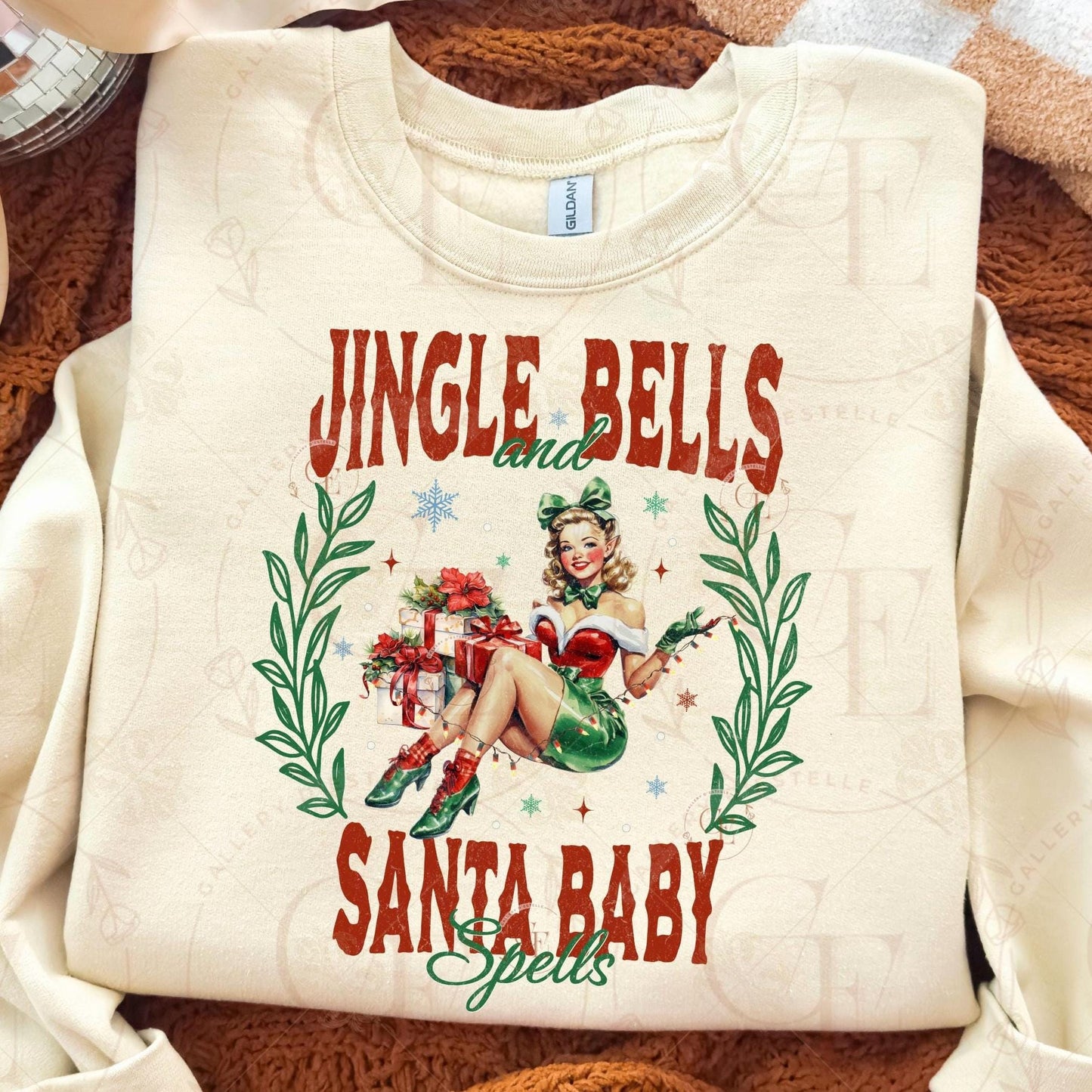 Jingle Bells and Santa Baby Spells PNG, Retro Pinup Girl Art, Cute Vintage Christmas Graphic, Coquette Holiday Shirt