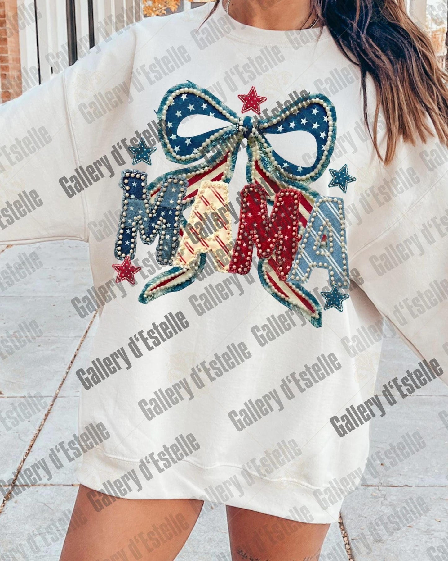 Coquette Patriotic Mama PNG, Retro American Patchwork Graphic, Trendy 4th of July Mom Shirt Design