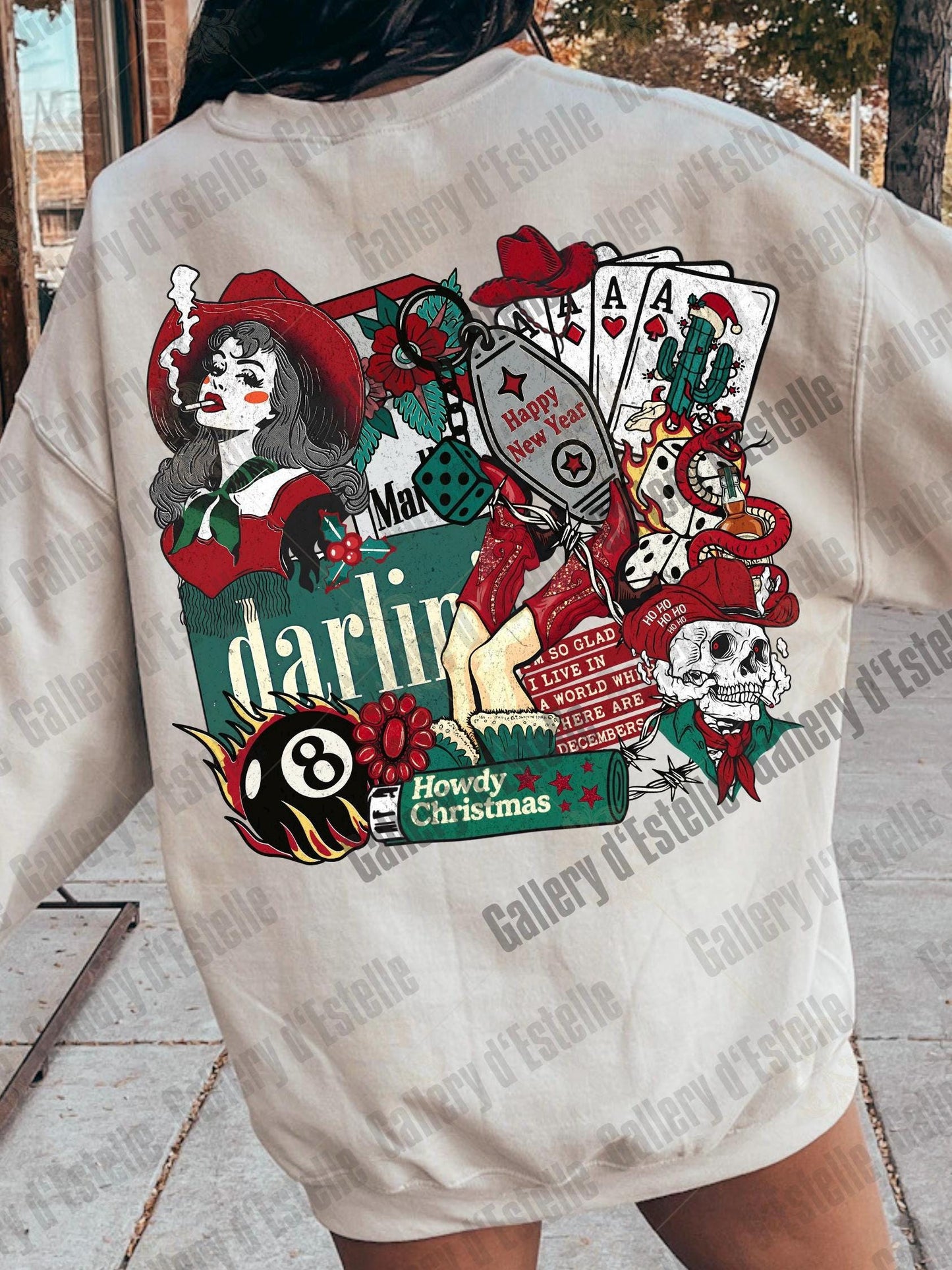 Western Cowgirl Christmas Collage PNG, Festive Cowboy Skeleton Graphic, Gothic Santa Holiday Design, Edgy Country Shirt Design