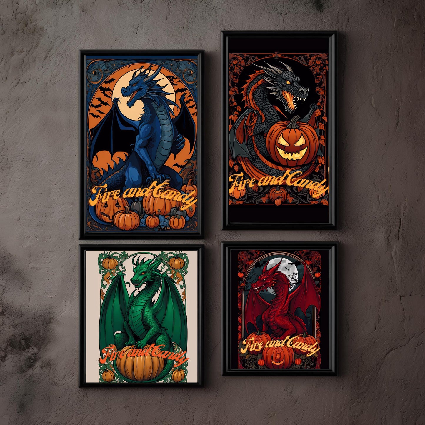 Halloween Dragons Wall Art Bundle-"House Spookaryen", Spooky Art Nouveau Prints for Halloween Decoration