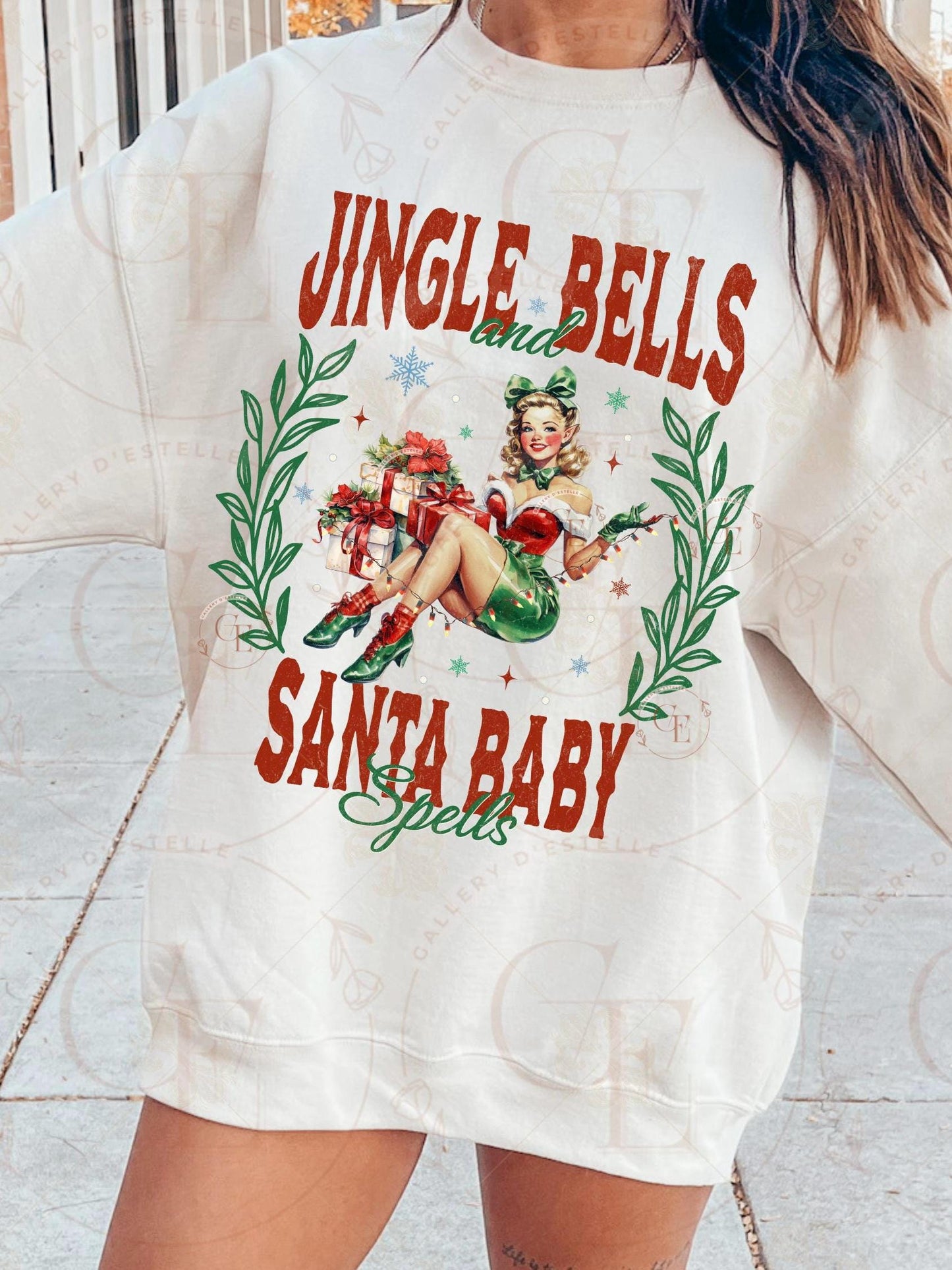 Jingle Bells and Santa Baby Spells PNG, Retro Pinup Girl Art, Cute Vintage Christmas Graphic, Coquette Holiday Shirt