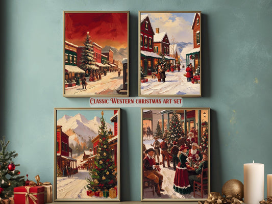 Classic Western Christmas Art Set, Rustic Vintage Holiday Wall Art for Farmhouse and Country Christmas Aesthetic Decor