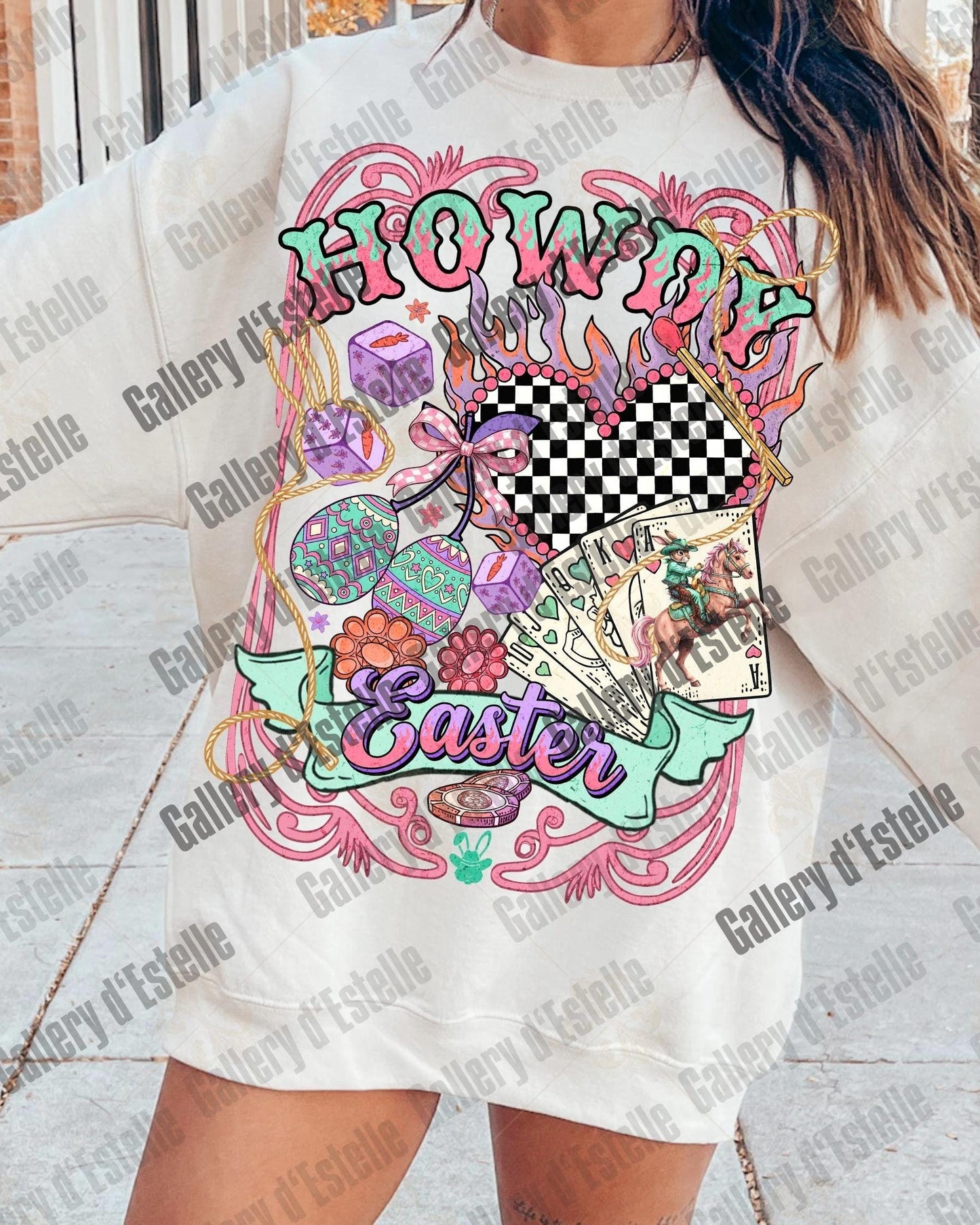 Howdy Easter PNG, Coquette Western Casino Collage, Cowboy Bunny Rodeo Graphic, Edgy Faith Shirt Design