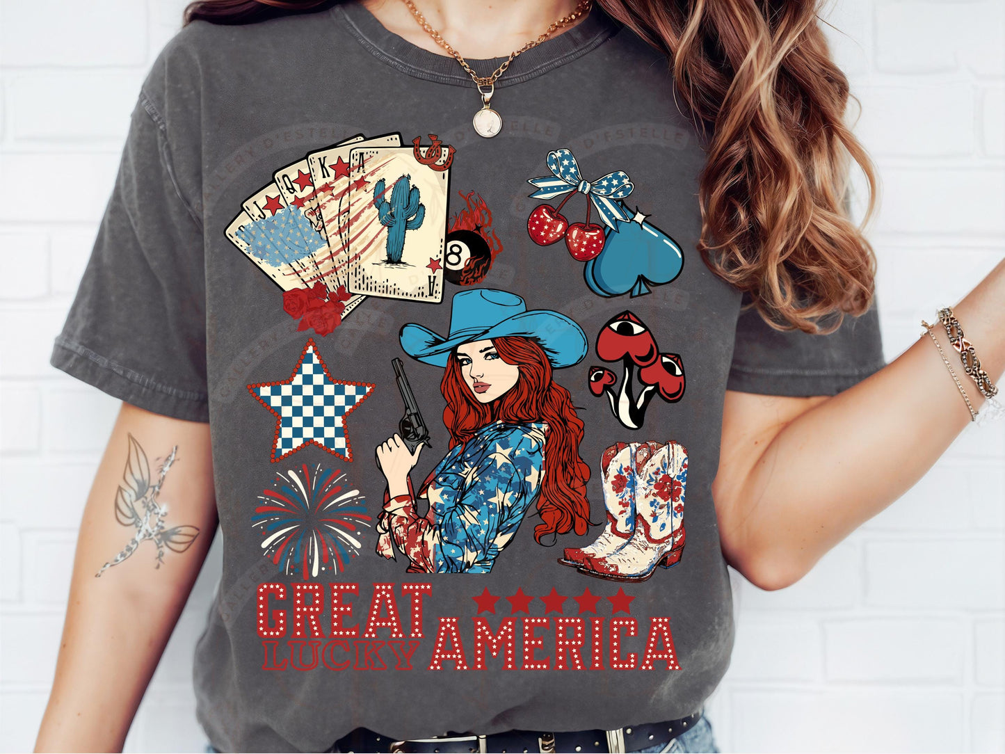 Great America Lucky PNG, Western Patriotic Cowgirl Casino Collage, Lucky 4th of July Country Shirt Design