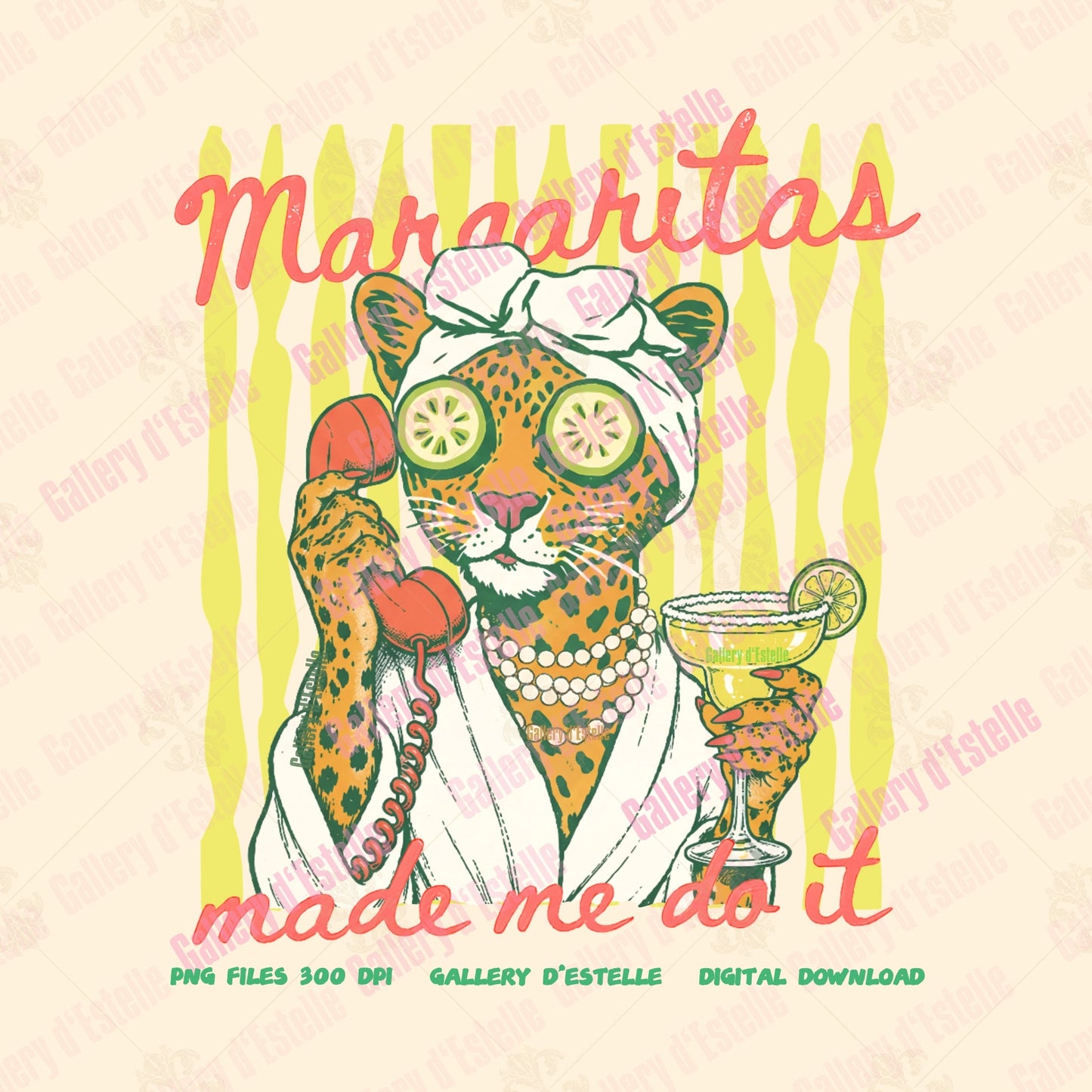 Illustration of a leopard with a cocktail, text 'Margaritas made me do it', on a light beige background.