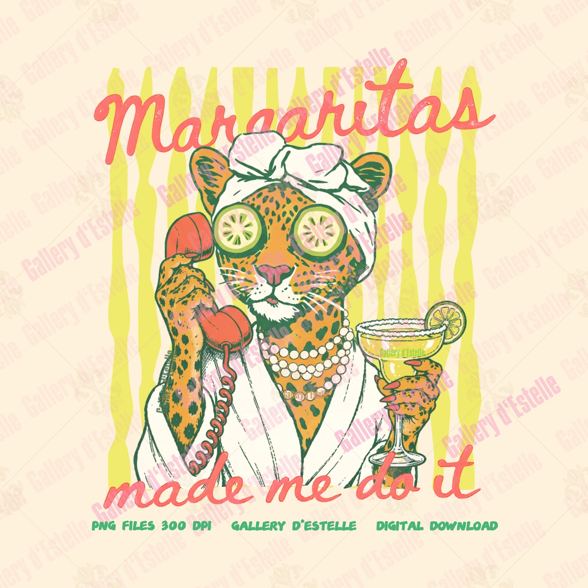 Illustration of a leopard with a cocktail, text 'Margaritas made me do it', on a light beige background.
