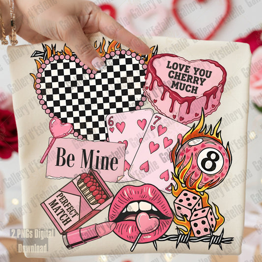Retro Valentine Collage PNG with Y2K casino hearts dice and Western cowgirl art
