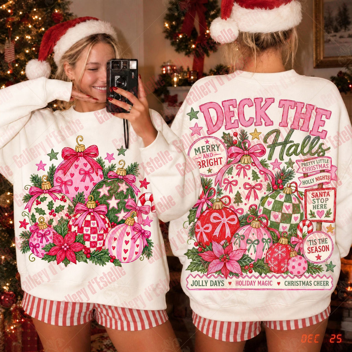 Two women wearing matching Christmas-themed crewneck sweatshirts, shown from the front and back in a holiday-themed room with a decorated Christmas tree. The white sweatshirts feature colorful festive graphics including ornaments, poinsettias, and the text 'DECK THE HALLS' and 'MERRY BRIGHT'.