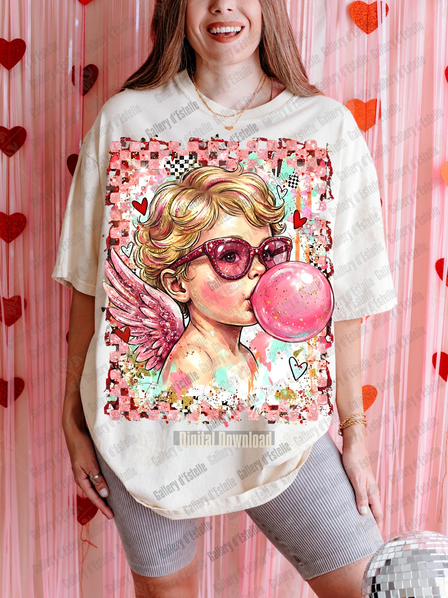 Coquette Cupid Bubblegum Valentine PNG with pink angel blowing bubble gum
