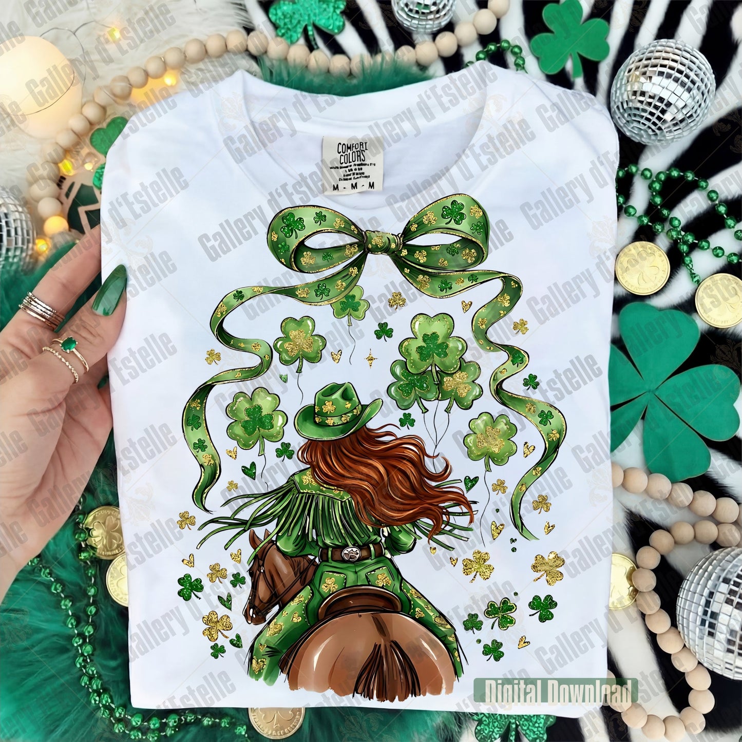 White t-shirt with St. Patrick's Day design featuring a cowgirl leprechaun on a horse, green bow, and shamrocks.