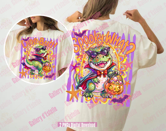 A woman modeling a cream-colored t-shirt with a large colorful cartoon dinosaur Halloween graphic on the back, shown alongside a circular inset of the front graphic. The shirt features purple paint-stroke splatters and the text 'Spooky What?' and 'Dino Butt!'.