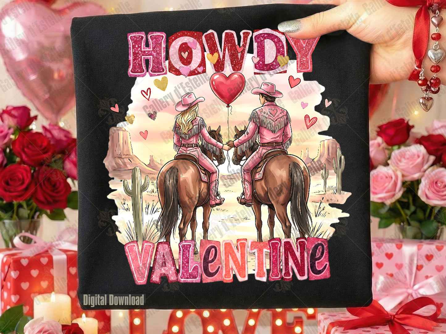 Retro howdy valentine PNG with western glitter text, coquette cowgirl & cowboy illustration, hearts, and preppy love elements in pink and sparkle tones
