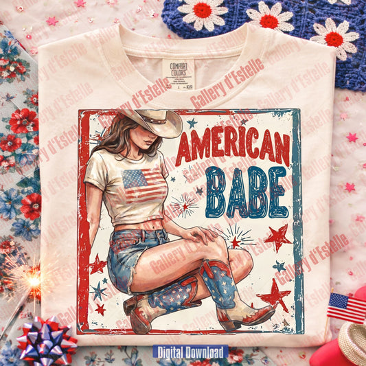 T-shirt with 'American Babe' design featuring a woman in a cowboy hat and boots, surrounded by patriotic elements.