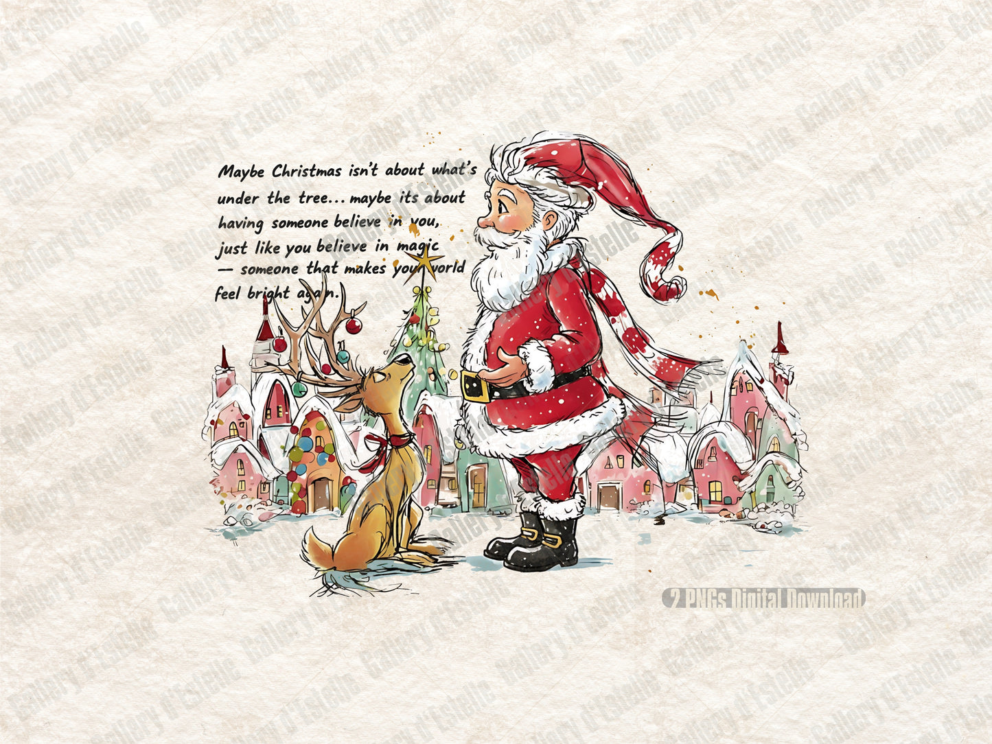 Festive Santa and Reindeer PNG, Retro Winter Town Graphic, Whimsical Holiday Sublimation, Coquette Christmas Shirt Design