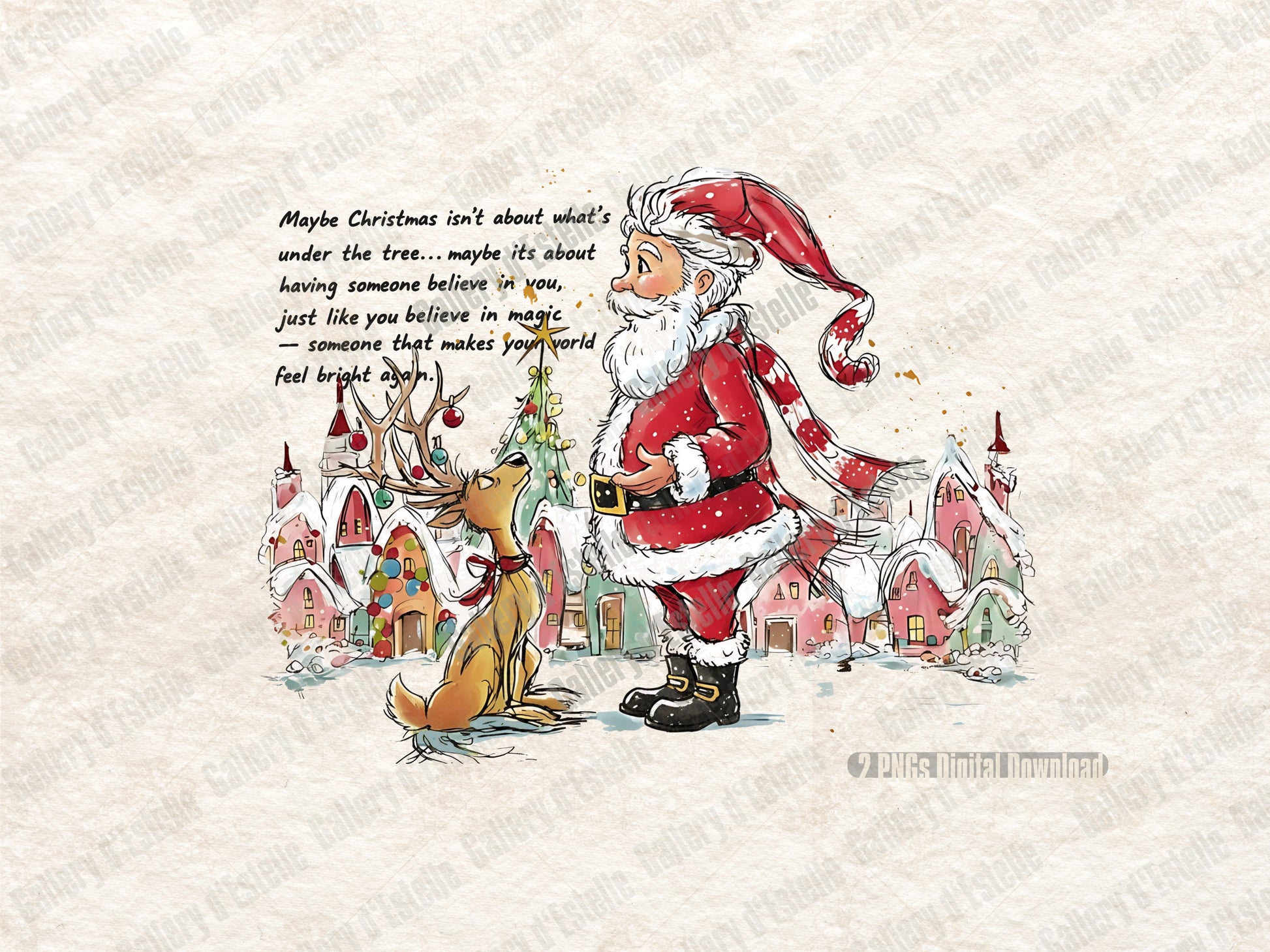 Festive Santa and Reindeer PNG, Retro Winter Town Graphic, Whimsical Holiday Sublimation, Coquette Christmas Shirt Design