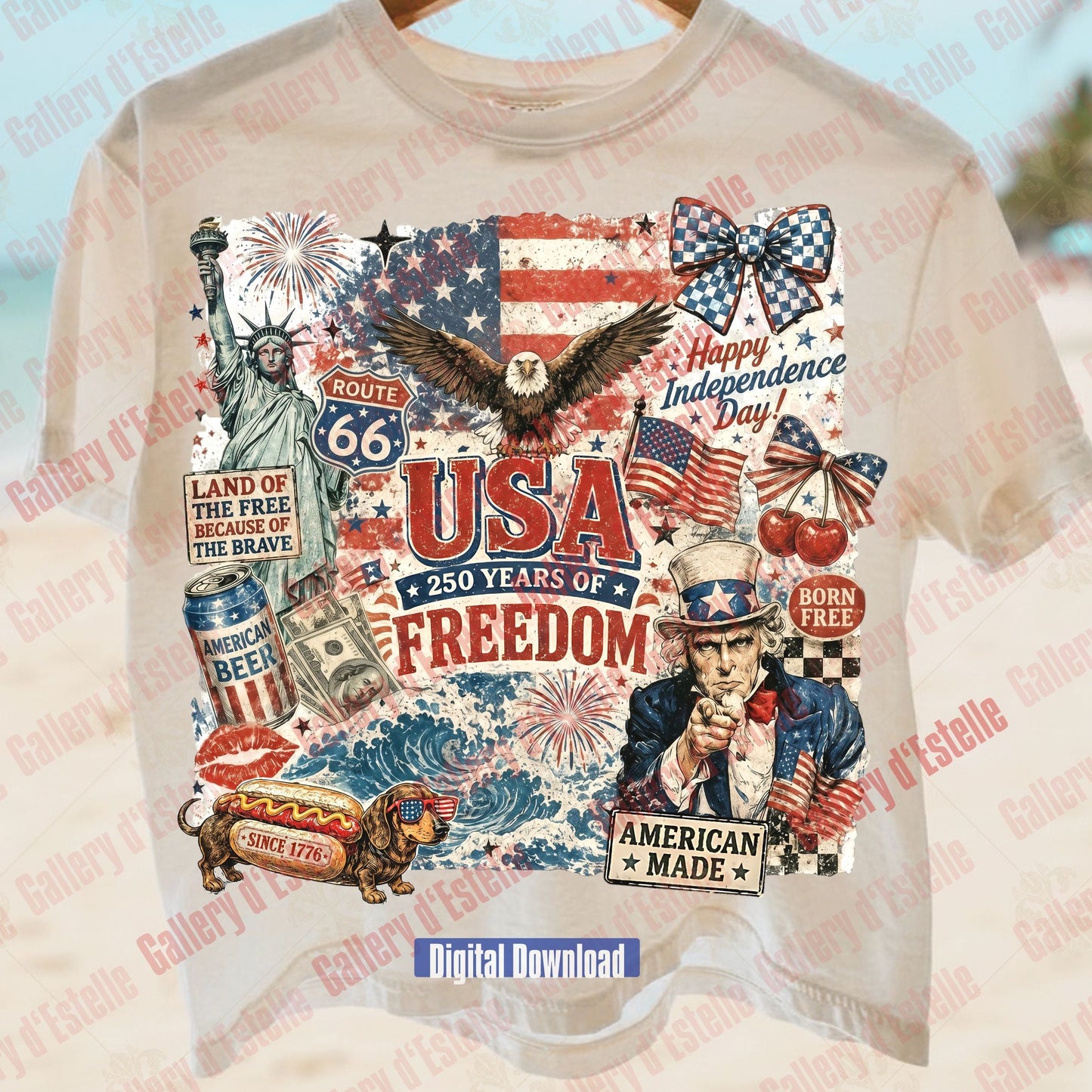 T-shirt with American-themed graphics and text on a beach background