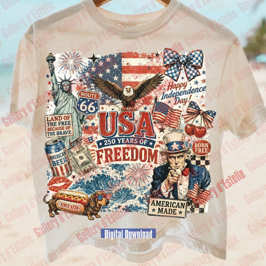 T-shirt with American-themed graphics and text on a beach background