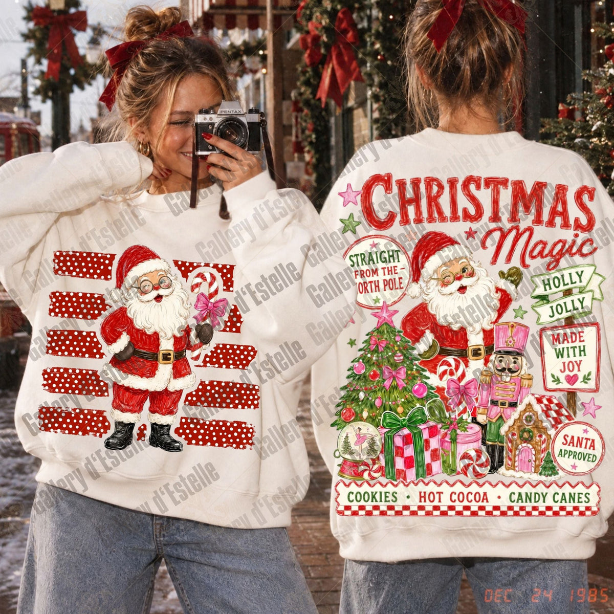 A woman modeling a white Christmas sweater from the front and back in an outdoor holiday setting. The front features a large Santa graphic over red-and-white striped pattern, and the back has a colorful 'Christmas Magic' design with Santa, a tree, gifts, and festive text.