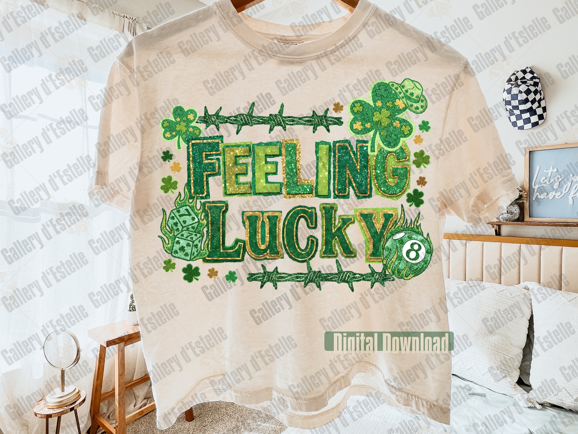 Beige t-shirt with 'Feeling Lucky' design in green text and western glittery St Patrick's casino shamrock elements