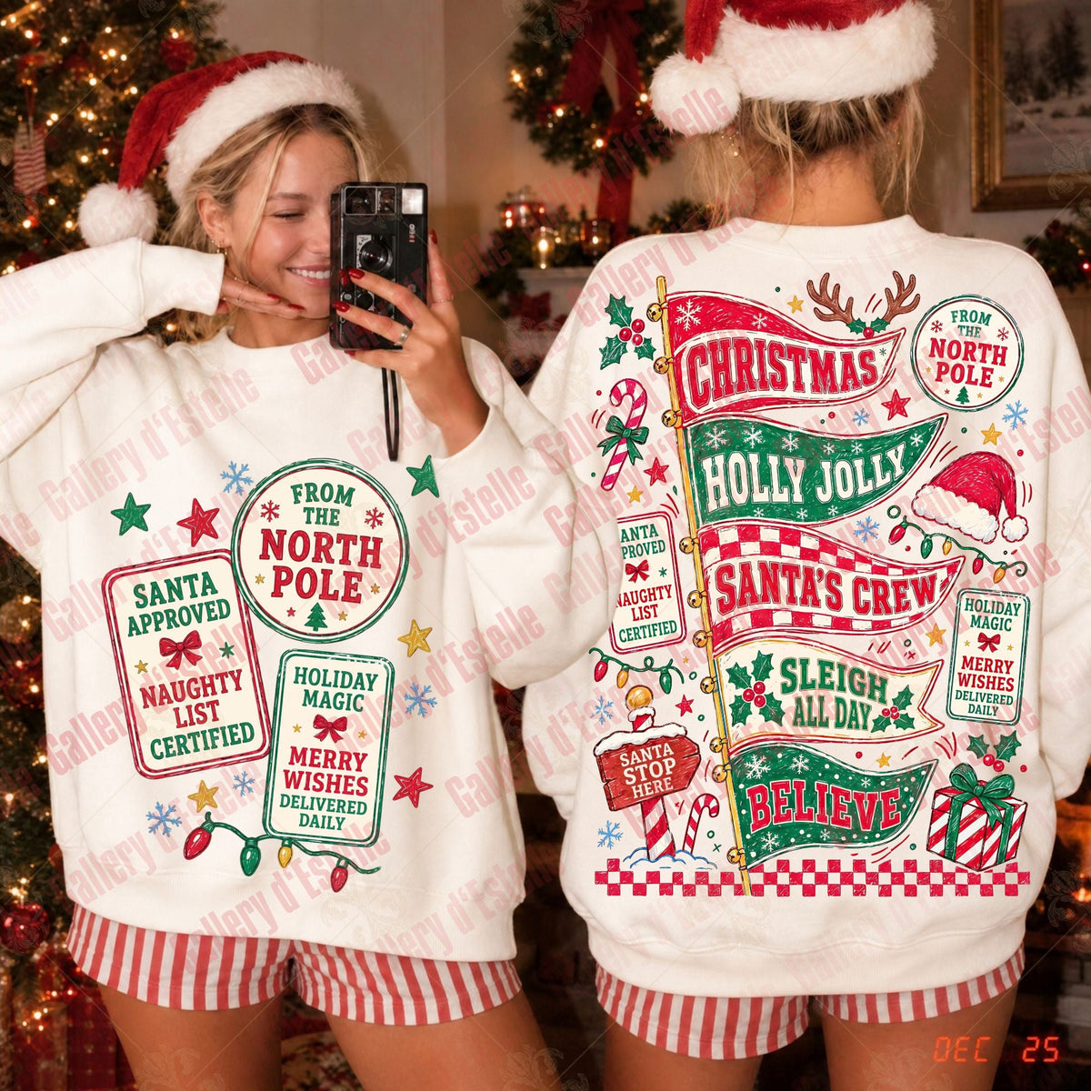 Two women wearing matching Christmas-themed crewneck sweatshirts, shown from the front and back in a decorated holiday home setting. The white sweatshirts feature colorful festive graphics including 'Christmas Holly Jolly', 'Santa's Crew', and 'From the North Pole' text, along with red and green holiday motifs.