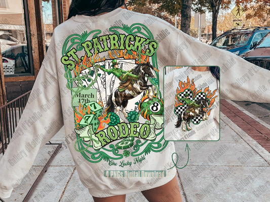Person wearing a white  St. Patrick's Day t-shirt with a rodeo design, featuring checkered patterns and casino elements.