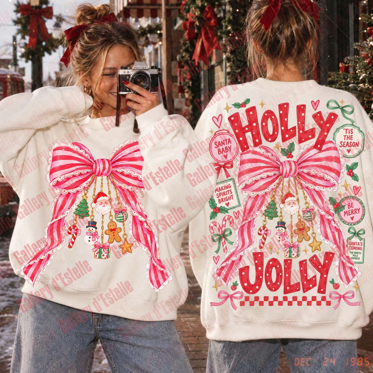 A woman shown from both front and back wearing a cream-colored Christmas sweatshirt with large pink bow graphics and red 'HOLLY JOLLY' text. The front view shows the left chest area with a large pink bow graphic, and the back view shows a large pink bow graphic with red 'HOLLY JOLLY' text and smaller holiday illustrations.