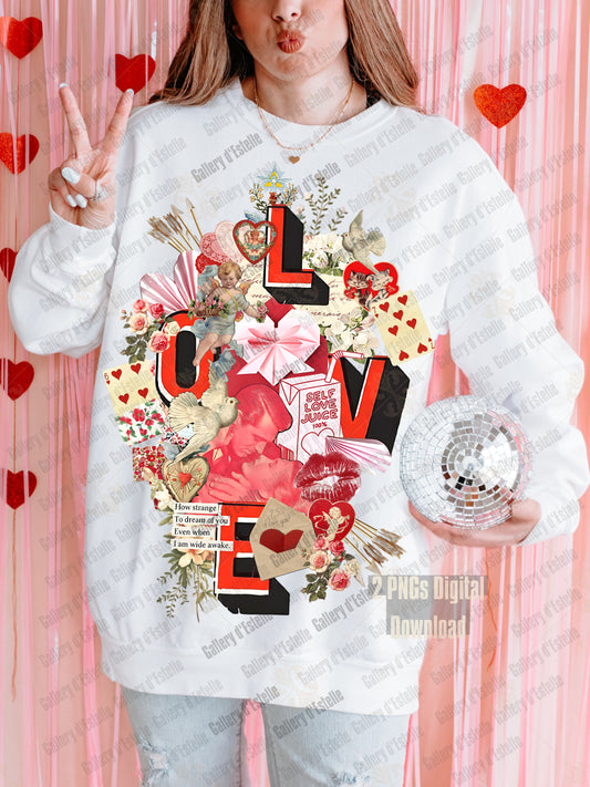Retro Love Collage Valentine PNG with vintage florals, hearts, and scrapbook elements
