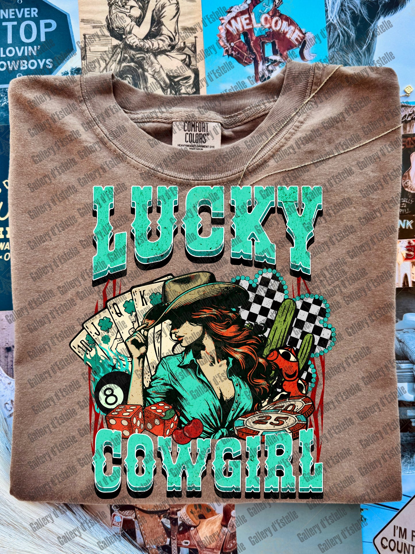 Lucky Cowgirl PNG, Retro Western Casino Aesthetic, Checkered Shamrock Graphic, Wild West Country Shirt Design