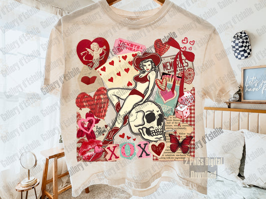 Retro Cowgirl Love PNG with edgy Y2K Western Valentine pinup and skull Casino Love collage
