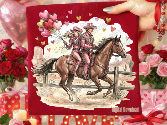 Valentine's Day folded shirt with a couple on a horse, surrounded by hearts and flowers.