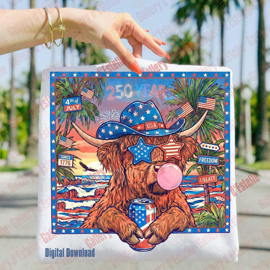 Folded T-shirt with a patriotic highland cow wearing a cowboy hat and American flag sunglasses, set against a scenic background.