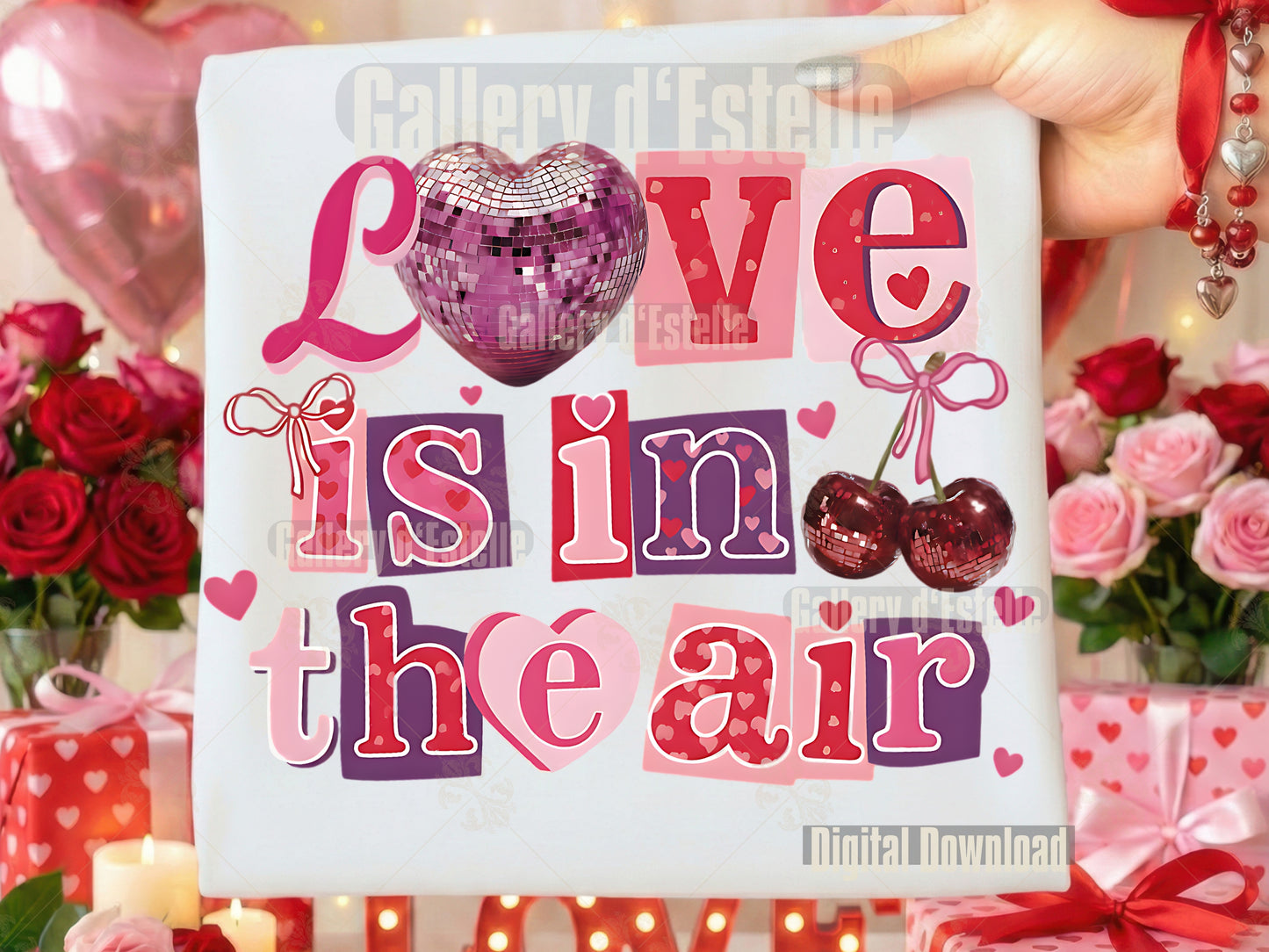 This charming collage blends coquette pinks, glossy cherries, and a sparkling disco heart with playful vintage lettering