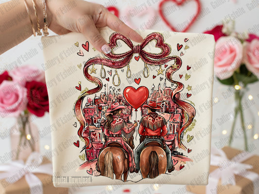 Coquette western valentine PNG illustration featuring retro cowgirl & cowboy with hearts, under a coquette bow with romantic rodeo elements in pink and red tones