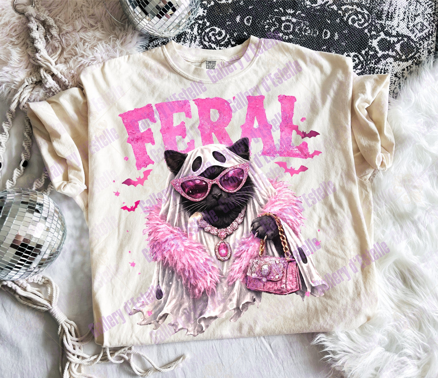 Feral Spooky Cat PNG, Retro Glam Ghost Graphic, Coquette Halloween Shirt Design