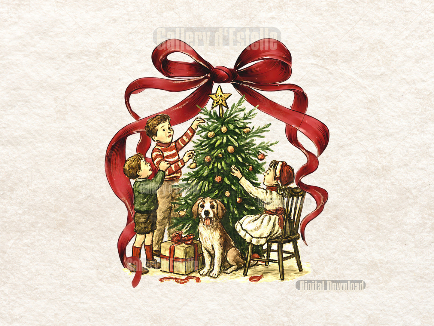 Vintage-style illustration of children decorating a Christmas tree with a dog, framed by a large red bow.