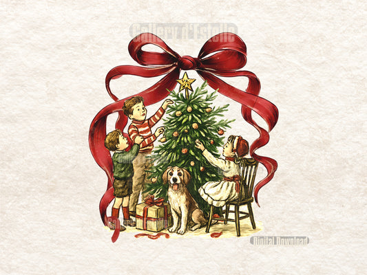 Vintage-style illustration of children decorating a Christmas tree with a dog, framed by a large red bow.