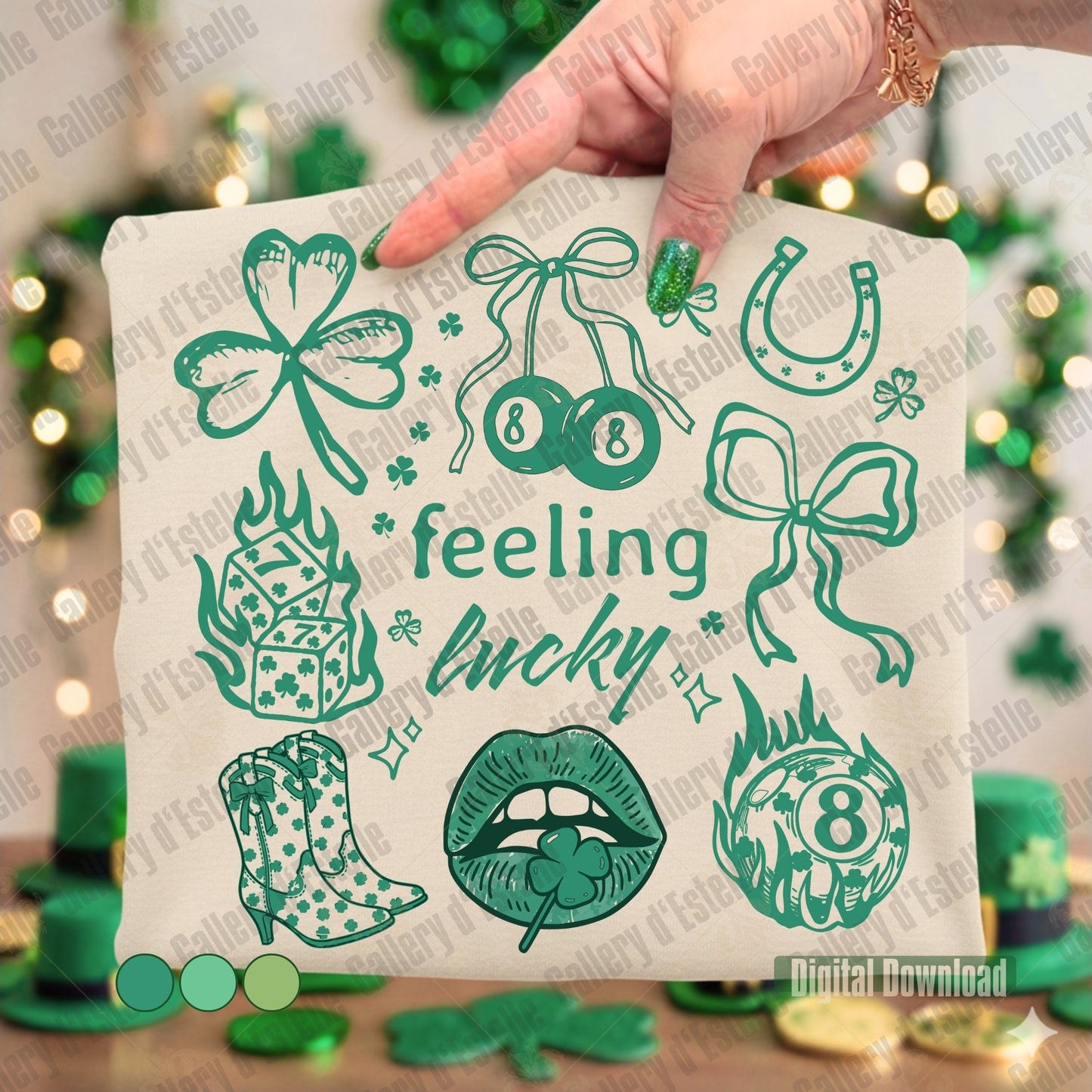 Feeling Lucky PNG with retro western collage featuring shamrock, lips, dice and 8 ball graphic. Trendy St Patrick's Day shirt design for instant download