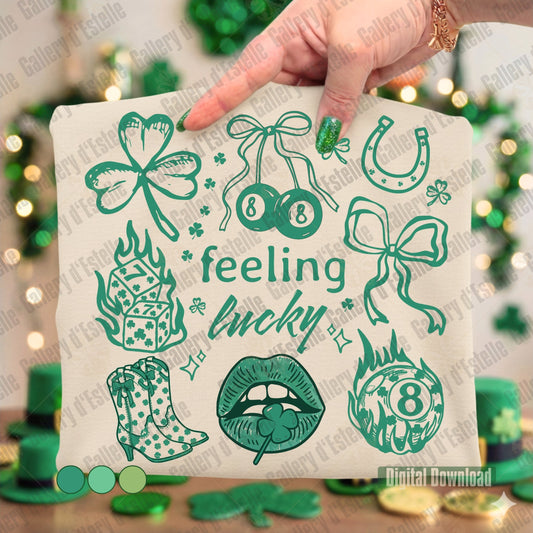 Feeling Lucky PNG with retro western collage featuring shamrock, lips, dice and 8 ball graphic. Trendy St Patrick's Day shirt design for instant download
