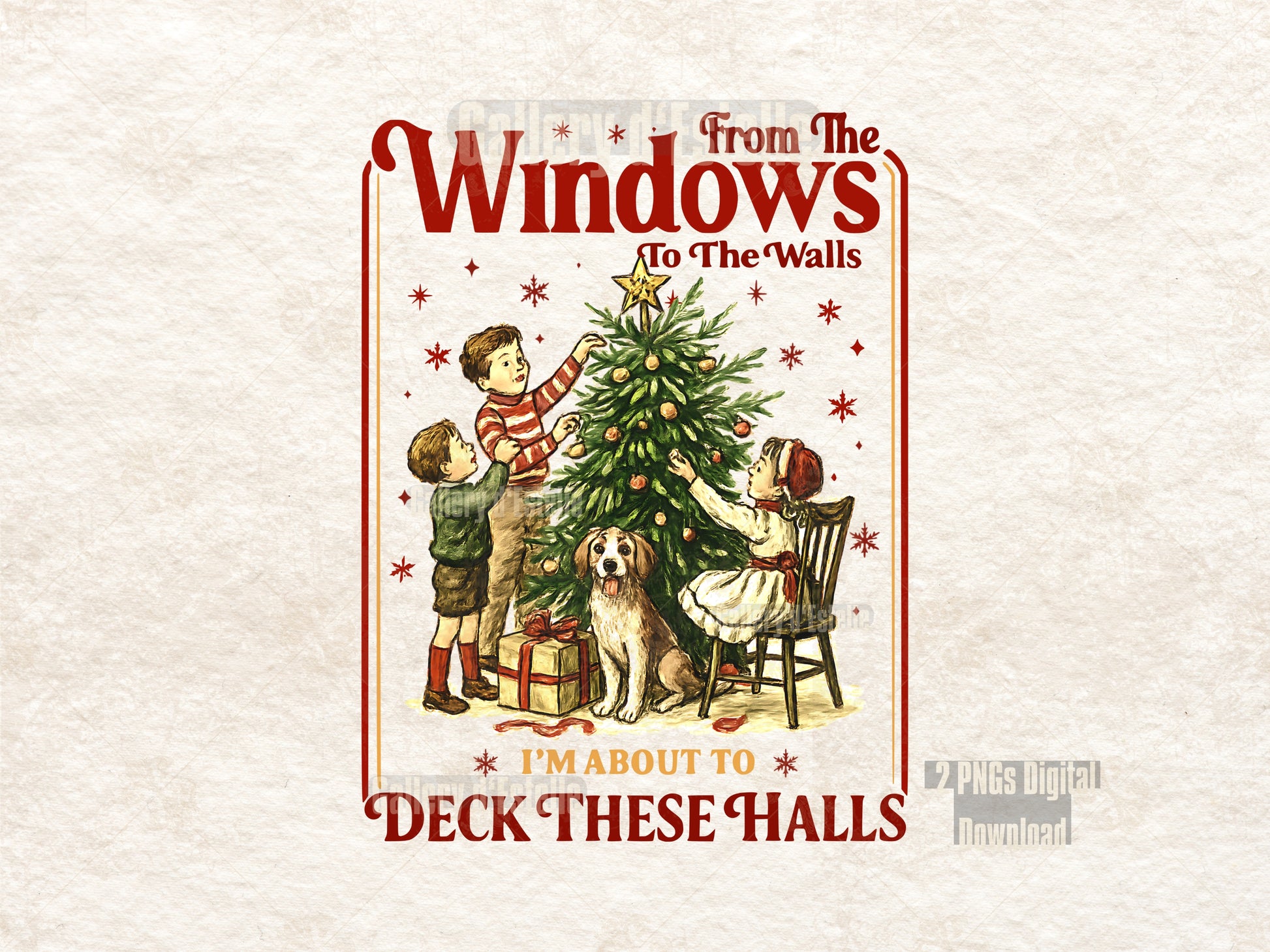 Vintage-style Christmas poster with children decorating a tree, text 'From The Windows To The Walls', and a dog.