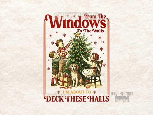 Vintage-style Christmas poster with children decorating a tree, text 'From The Windows To The Walls', and a dog.