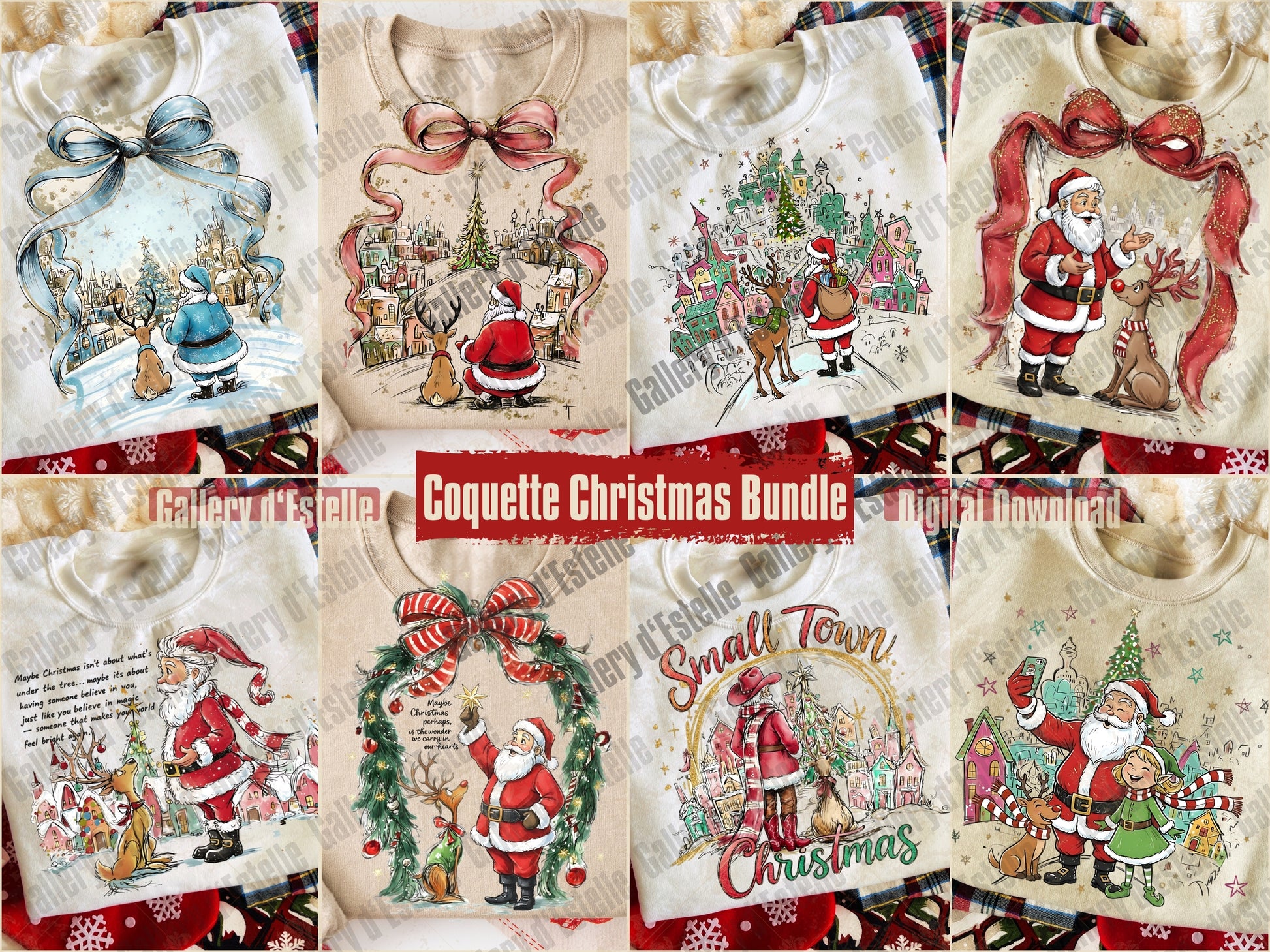 Collage of Coquette Christmas Bundle digital downloads featuring Santa Claus and festive designs.