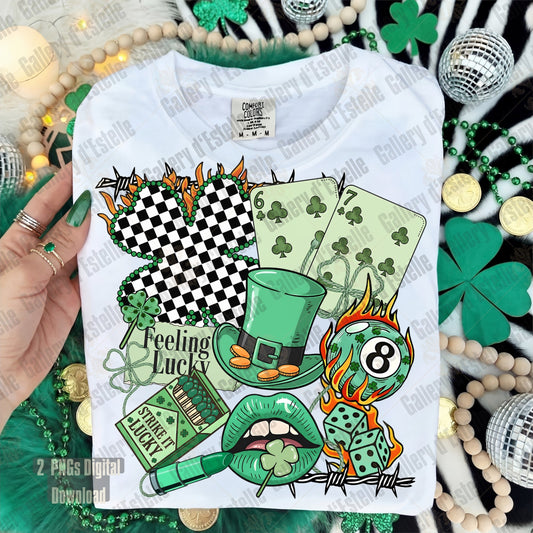 White Tshirt with St. Patrick's Day-themed designs including a four-leaf clover, green hat, and flames.