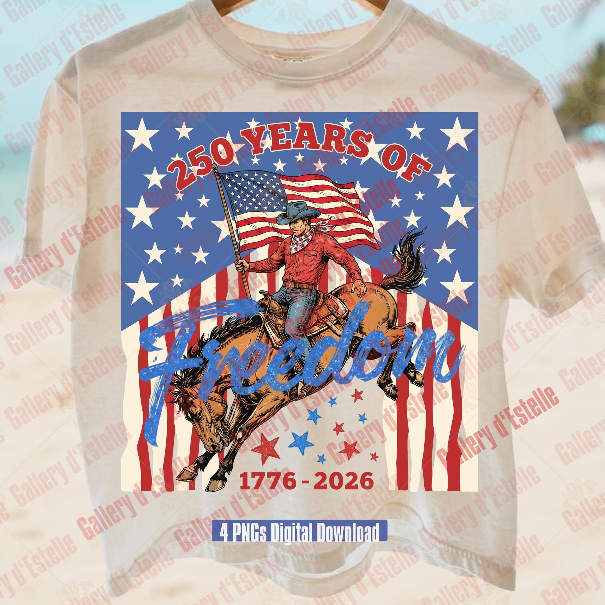 T-shirt with a graphic design celebrating 250 years of freedom, featuring an American flag and a cowboy on a horse.