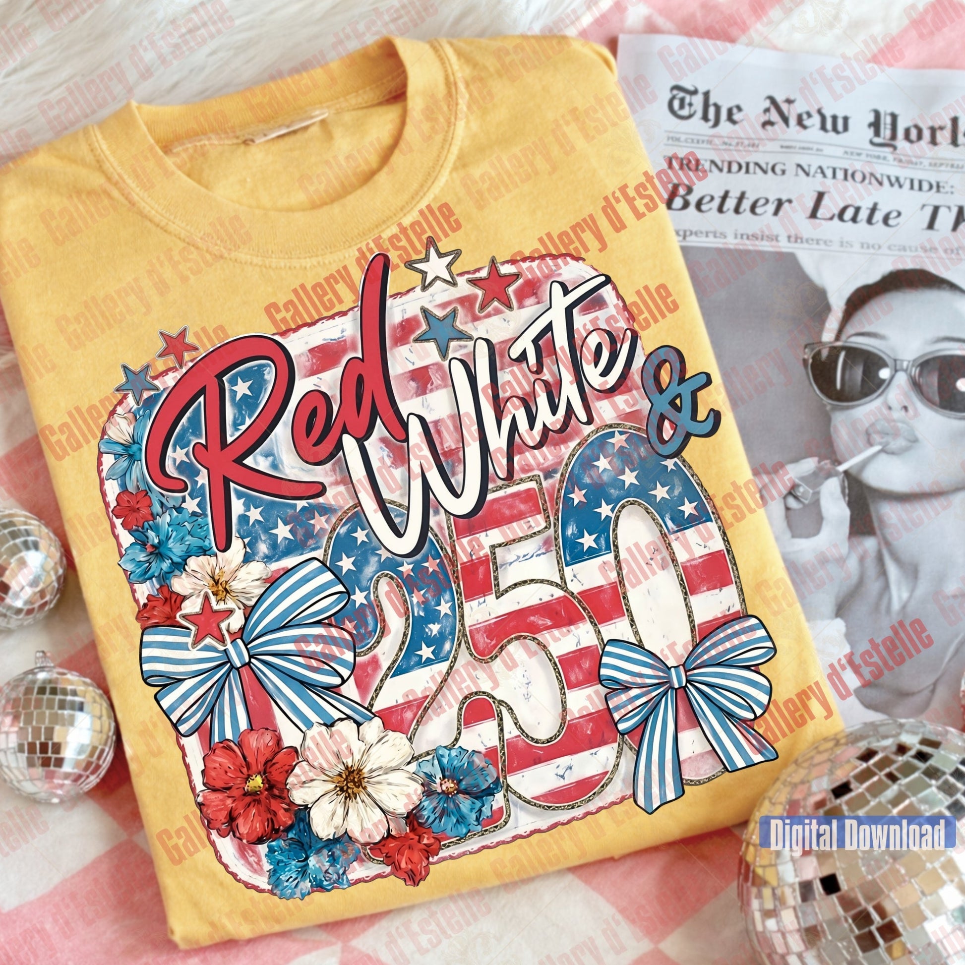Yellow t-shirt with 'Red White & Blue' design on a pink background