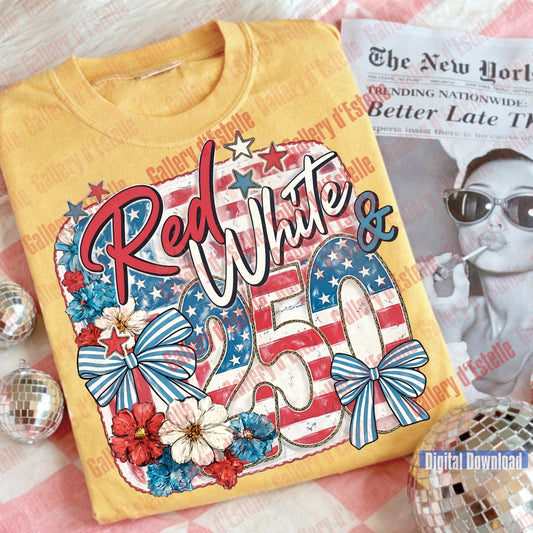 Yellow t-shirt with 'Red White & Blue' design on a pink background